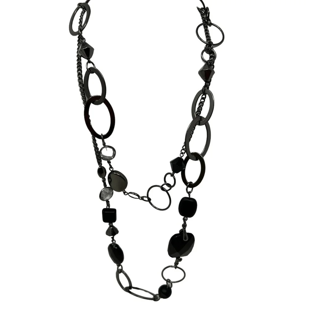 Chain‎ and Beaded Necklace Boho Gunmetal Black and Clear Lucite Beads 36 inch